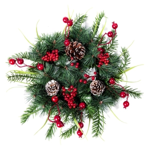 Detailed view of Christmas wreath featuring red berries, pine cones and green needles