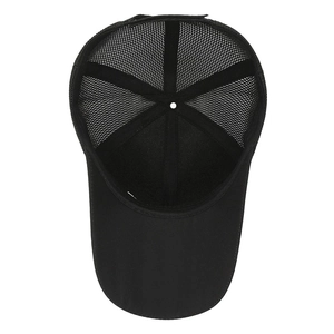 Internal view of black breathable mesh baseball cap for men with six-panel stitching