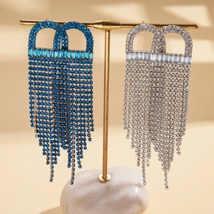 Sparkling zircon jellyfish fringe tassel earrings in silver and blue rhinestone finishes