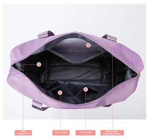 Macro shot showing purple travel bag interior with dry-wet separation and main storage