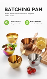 Detail of brushed stainless steel sauce bowls with matching spoons in four metallic finishes