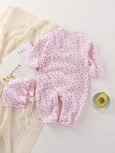 Baby girl floral romper set with matching sun hat, pink cotton muslin long sleeve jumpsuit
