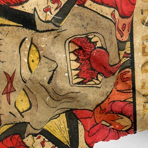 Macro detail of bohemian tapestry showing intricate digital printing and fabric texture