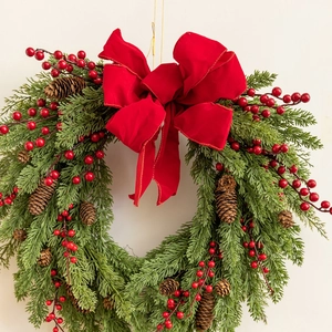 50cm Christmas wreath with red berries, pine cones and large velvet bow for door decor