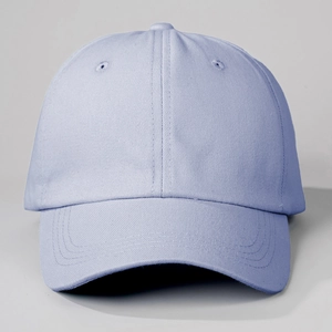 Detailed close-up of light blue cotton baseball cap with six-panel design and fine stitching