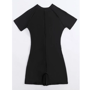 Detail view of the back seams and athletic fit of a black short-sleeved bodysuit