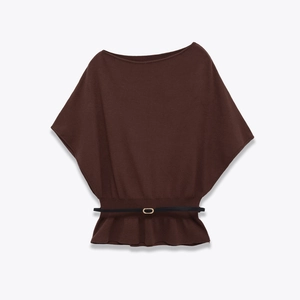 Women Boat Neck Knit Top Batwing Sleeves Belted Solid Color Loose Sweater Elegant Casual Pullover
