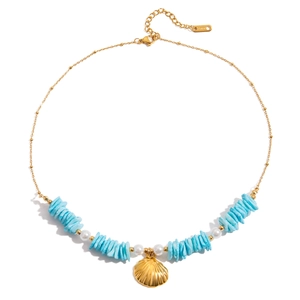 18k gold plated stainless steel necklace with mint green shell, pearl, and shell pendant