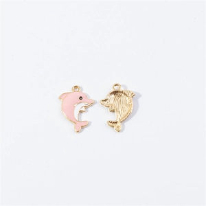 Detailed front and back view of golden and pink enamel dolphin charms for DIY jewelry