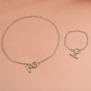Retro geometric OT buckle necklace and bracelet set in polished silver finish