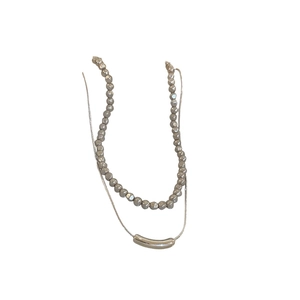 Elegant 2-layer silver geometric necklace with faux pearls and minimalist tube pendant