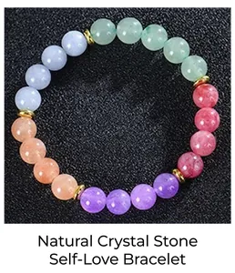 Macro detail of natural multicolor crystal beads and golden spacers on elastic bracelet
