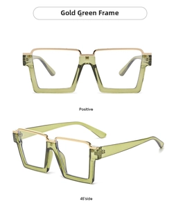 Front and 45-degree angle view of oversized square green and gold fashion glasses