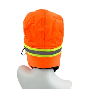 Rear view of bright orange winter trapper hat with reflective safety strip and fleece lining