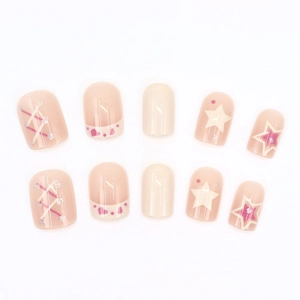 Sweet pink and white short square press-on nails with cow print and star design