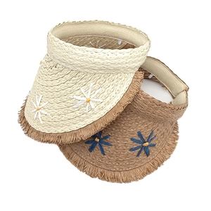 Chic straw sun visor with daisy embroidery and fringe brim for summer beach vacation