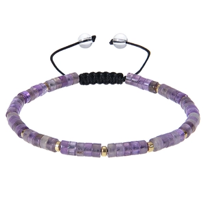 Close-up of adjustable woven cord with natural amethyst stones and gold spacer beads