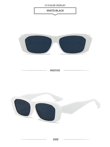 Front and 45-degree side view of retro white rectangle sunglasses with dark lenses