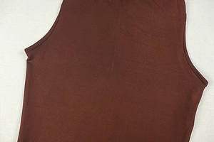 Detail shot of brown sleeveless knitted bodysuit with fine stitching and ribbed texture