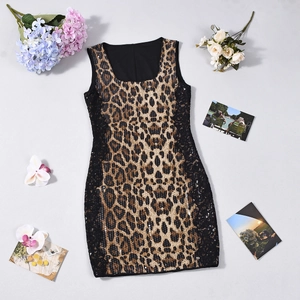 Detail of leopard print sequins and lace stitching on a sexy slim fit sleeveless dress