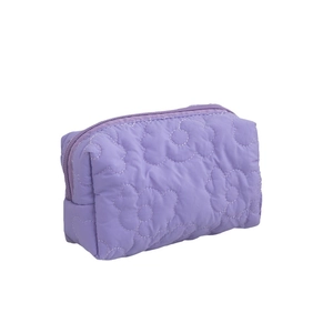 Quilted floral purple cosmetic bag with large capacity and soft padded fabric texture