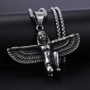 Vintage stainless steel Egyptian wing goddess pendant necklace on a premium box chain