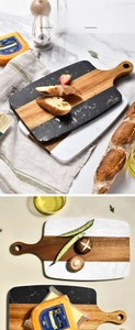 Detail of marble and acacia wood cheese board with handle for food serving