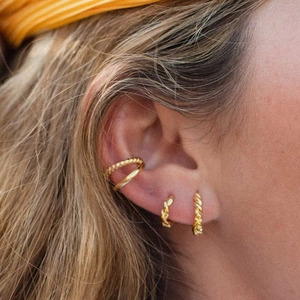 Golden 18k gold plated C-shaped twisted rope ear cuff and hoop earrings set for women