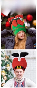 Detail showing elf legs and Santa Claus trousers hats with bells for Christmas parties