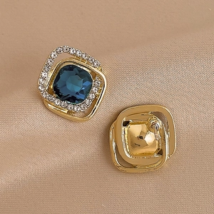 Vintage double-layered square earrings with blue gems and diamonds in gold finish