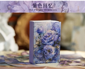 Detail of 100 sheets vintage floral paper in Purple Memories themed packaging box