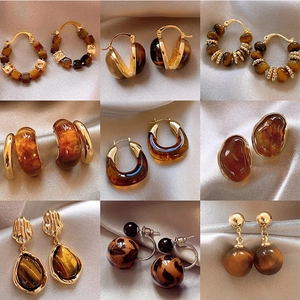 Vintage Geometric Hoop Earrings With 925 Sterling Silver Earring Post Amber Resin Tiger Eye Style Alloy Jewelry For Women