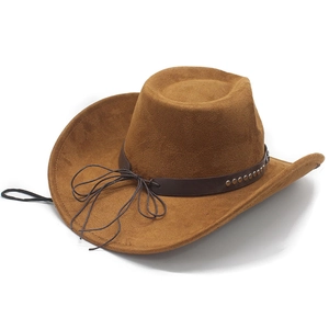 Detailed close-up of camel suede cowboy hat with studded leather band and chin cord