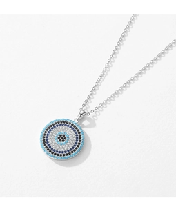 Close-up of S925 silver Evil Eye pendant with turquoise stones and shimmering pavé crystals