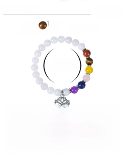 Detail of 8mm natural stone yoga bracelet with lotus pendant and specific size parameters