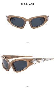 Detail of retro tea-black sunglasses showing front and side views with star metal accents