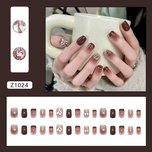 Mocha brown French gradient press-on nails with luxury diamond rhinestones set