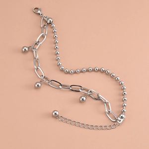 Double-layer stainless steel beaded chain bracelet with oval links and round metal pendants