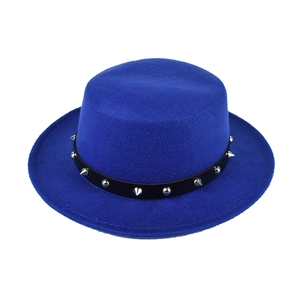 Royal blue flat top wool felt fedora with black punk rivet studded leather belt