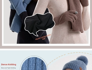Close-up of thickened plush fleece lining and honeycomb knit texture on winter beanie set