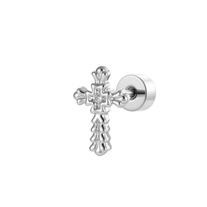 Gothic punk silver cross stud earring with clear crystal stone and screw back design