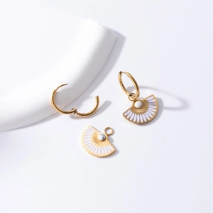 Minimalist gold titanium fan earrings with white enamel and marble beads in modular design