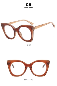 Detailed front and side views of brown cat-eye glasses frame with C6 model specifications