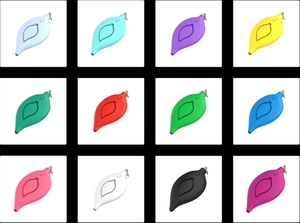 Leaf-shaped personal safety alarm keychains shown in twelve various vibrant colors