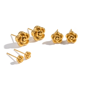 Three sizes of elegant golden rose stud earrings in stainless steel on white background