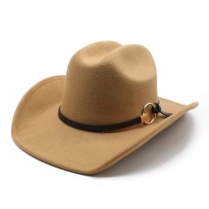 Classic camel felt western cowboy hat with black leather band and gold metal rings