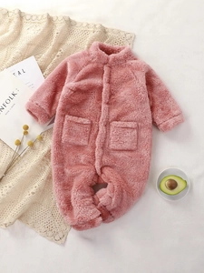 Soft pink plush baby romper jumpsuit for newborn autumn and winter warmth outdoor