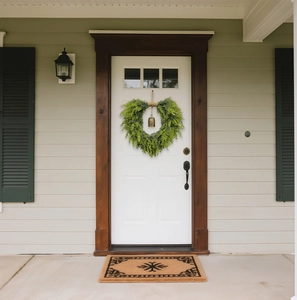 Detail of a heart-shaped cedar wreath with a golden bell hanging on a white front door