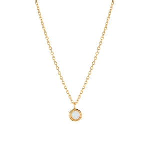 Detailed view of S925 silver necklace with round white opal pendant in gold plating