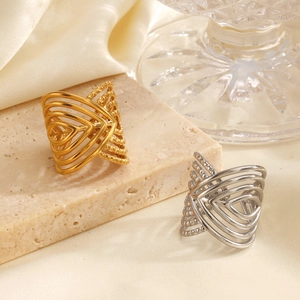 Geometric Hollow Ring 18K Gold Plated Stainless Steel Multi-Layer Cross Lines Wide Open Adjustable Fashion For Women